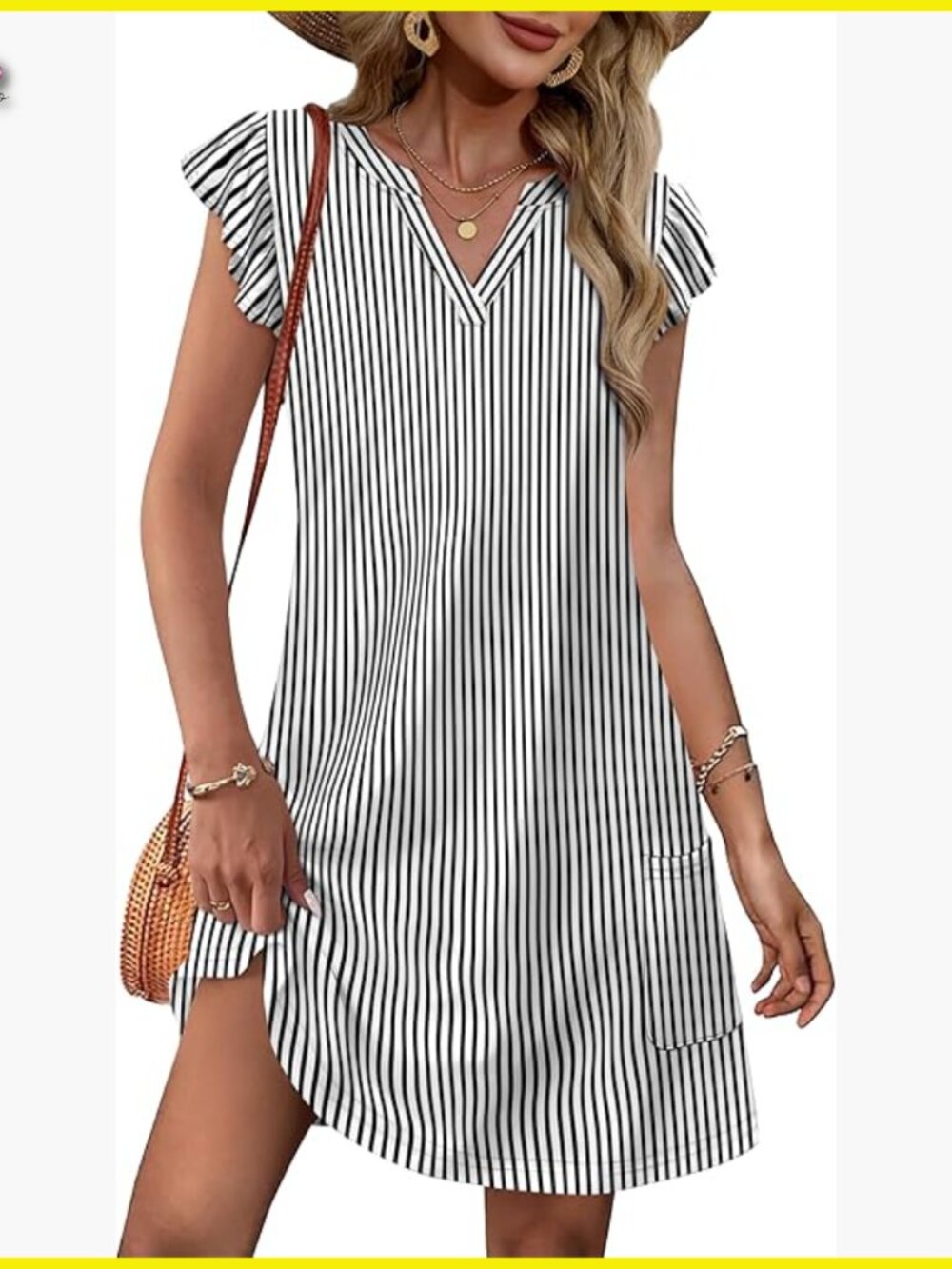 Casual Ruffle Sleeve V Neck Swing Sundress with Pockets Loose Fit Summer Dress